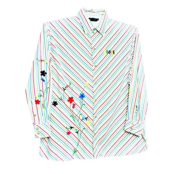 VTG COOGI Mens 4XL Shirt Rainbow Stripe Cotton Button Collar Embroidered Floral
